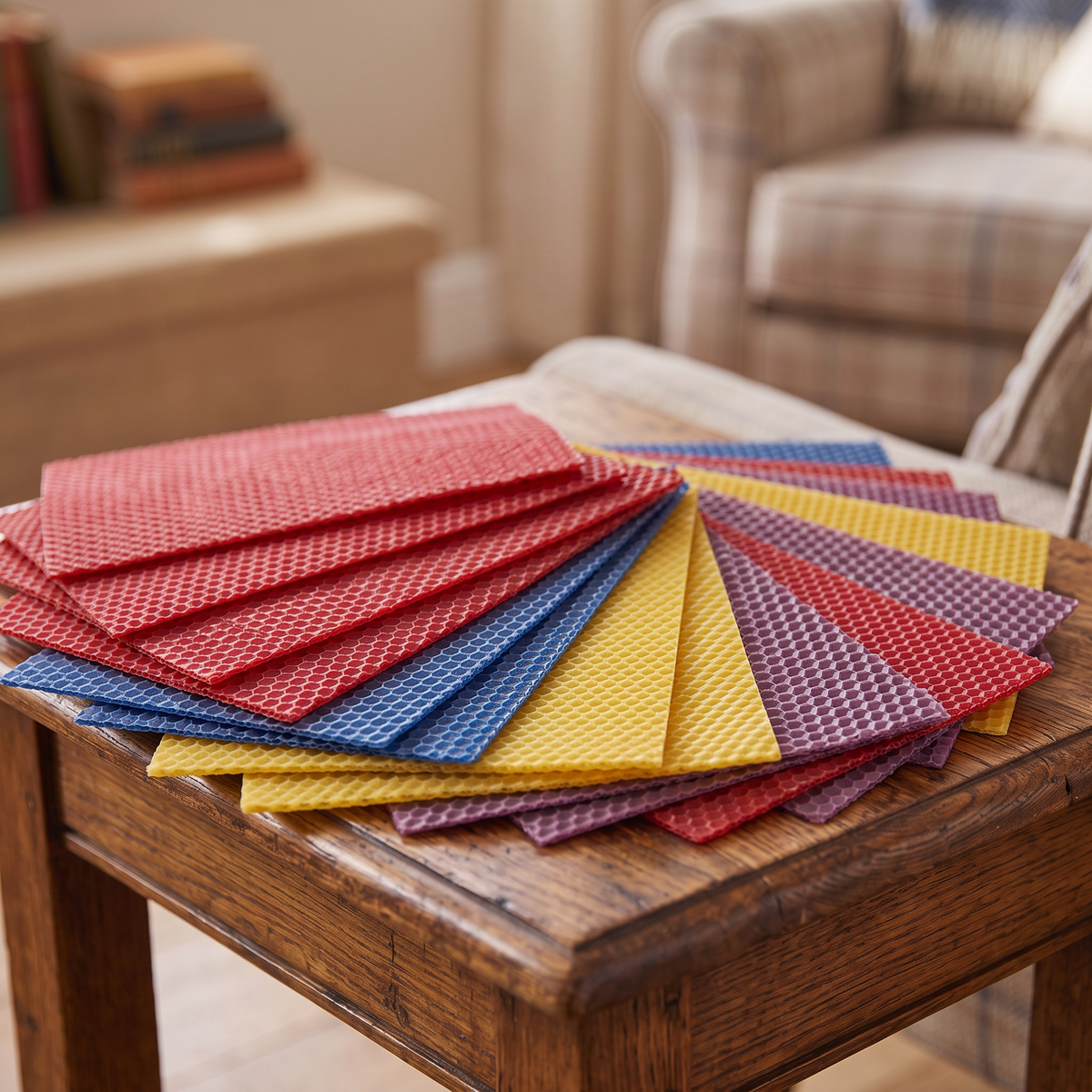 Assortment of colored beeswax candle-rolling sheets fanned out on a wood table, no people