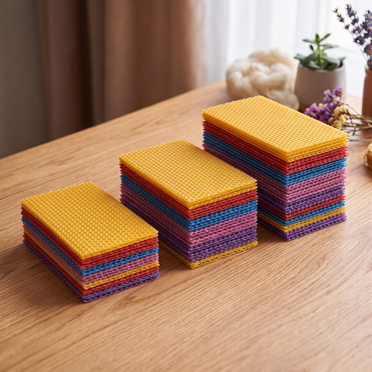 Three stacks of colored beeswax sheets of increasing height, showing the 1-box (10 sheet), 2-box (20 sheet) and 3-box (30 sheet) pack sizes side by side