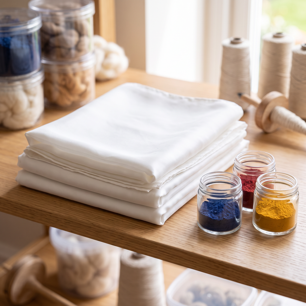 Folded stack of plain white silk scarves on a wooden shelf beside small jars of dye powder