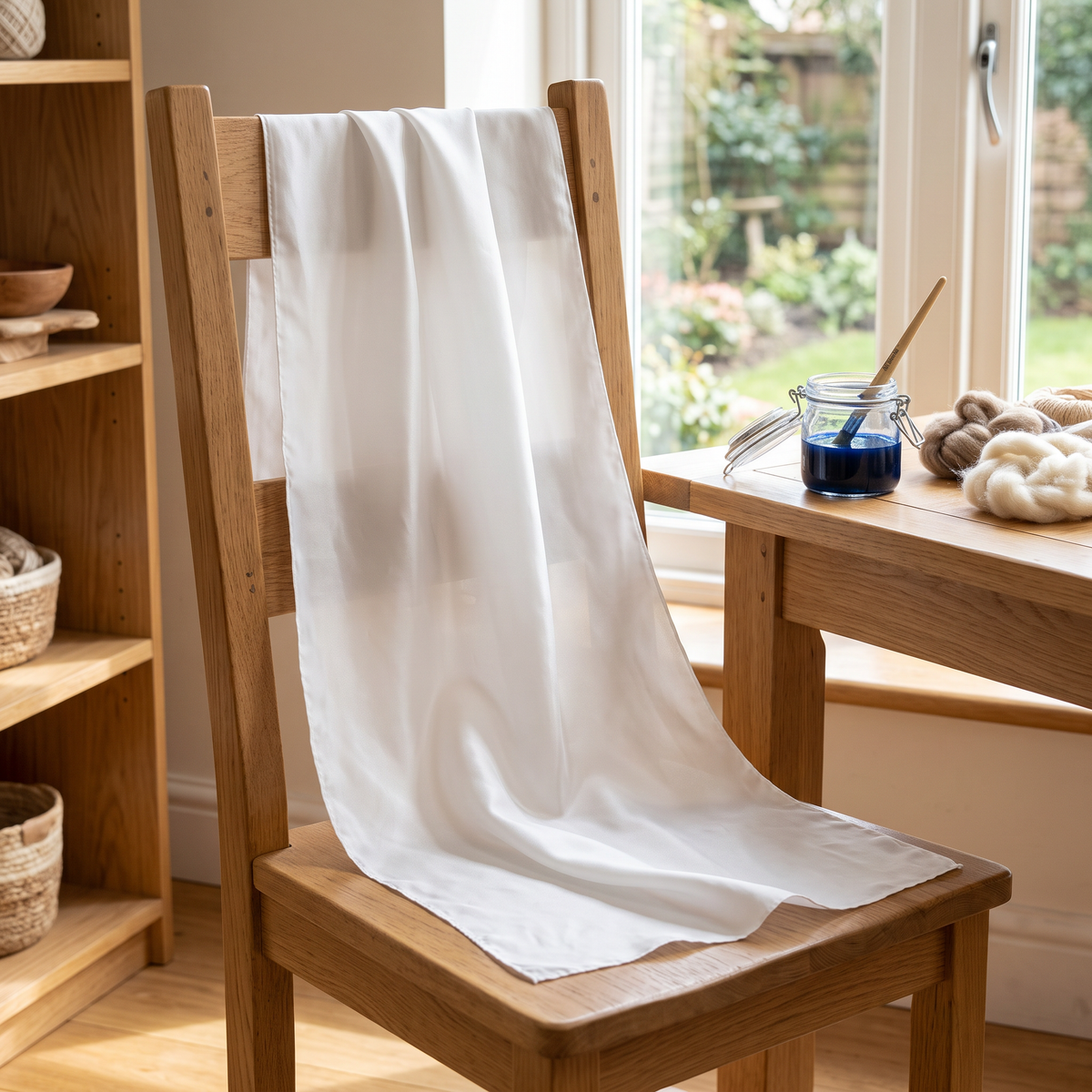 Long blank white silk scarf draped over a chair in a home craft room, ready for hand-dyeing