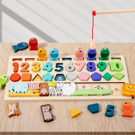 Wooden shape and number busy board with numbers 1 to 10, shapes, and an animal row, on a wood table