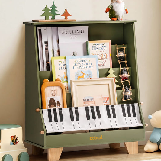 ROBUD green wooden kids bookshelf with piano keys panel at the base, holding colorful children's books and small decorative trees on top