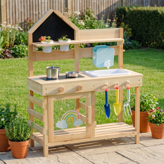 Natural pine outdoor mud kitchen with chalkboard, water tank and sink on a garden patio