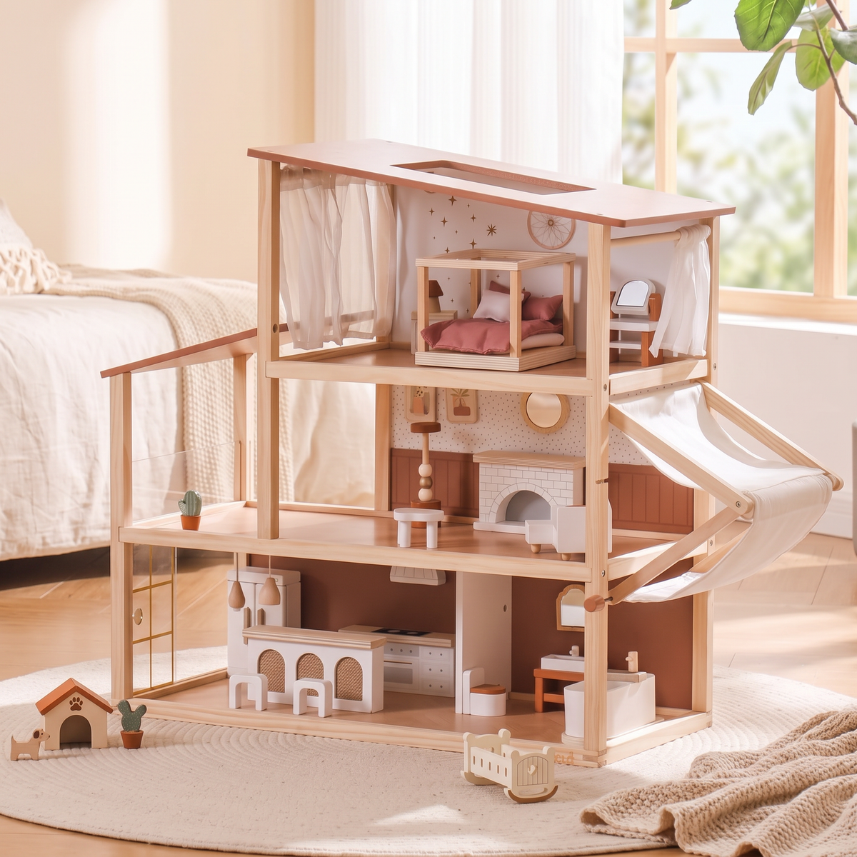 Bohemian natural wood dollhouse from a three-quarter angle in a bedroom corner with a round cream rug, no people