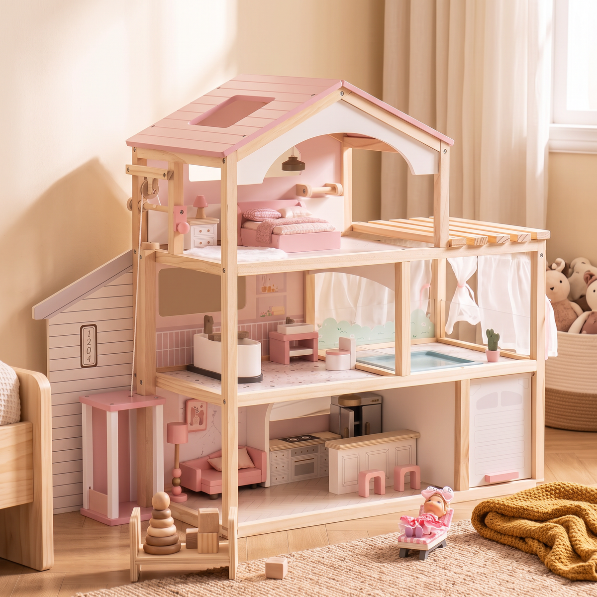 Pink and natural wood three-story dollhouse angled view in a cozy bedroom corner with a toy shelf and folded blanket
