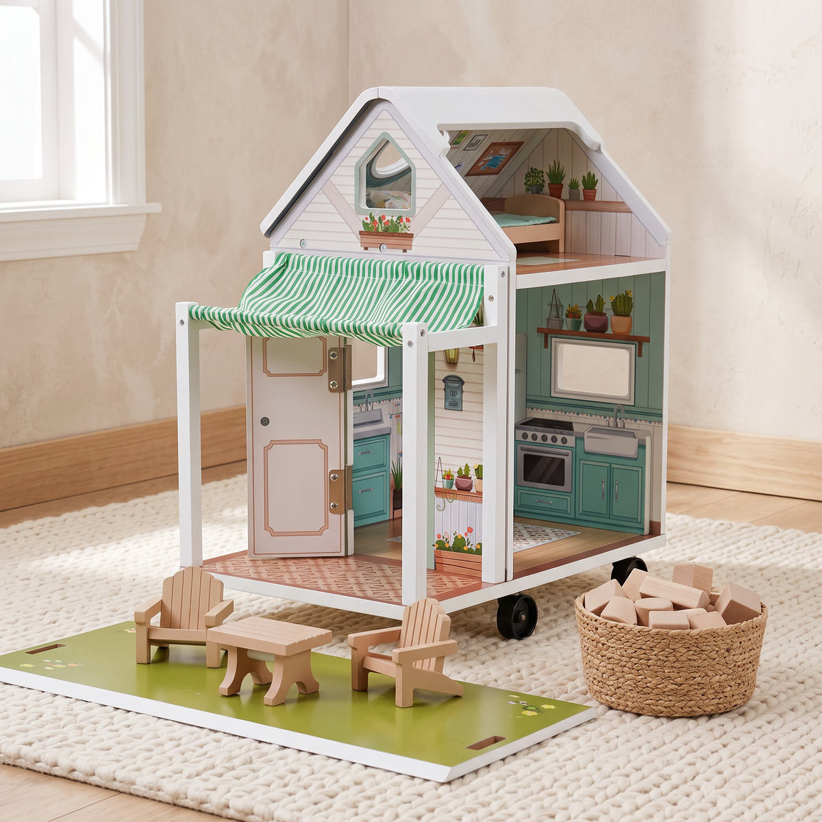 Wooden camper van dollhouse open on a rug in a living room corner with a basket of wooden blocks nearby, no people
