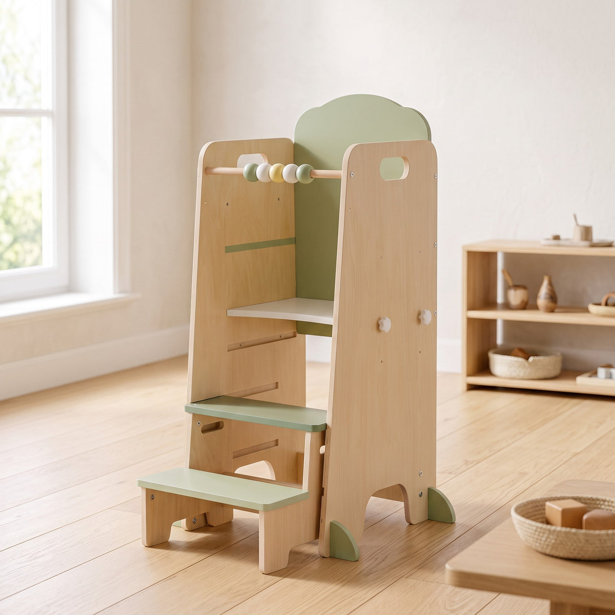 Natural wood helper tower with sage steps, a beaded rail and a separate step stool in a bright playroom