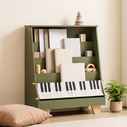 Green front-facing kids bookshelf with piano-key fabric pocket in a bright reading nook, floor cushion and potted plant nearby