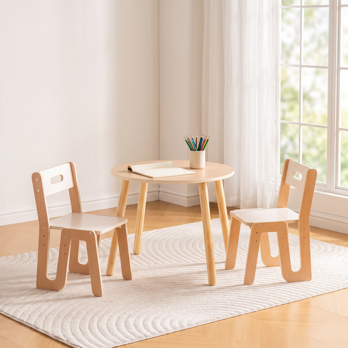 Natural beech and white round kids table and two chairs in a sunny reading nook, notepad and colored pencils on the table, no people