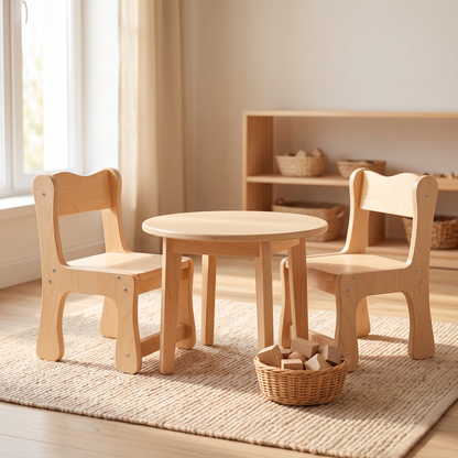 Set of 2 ROBUD birch plywood toddler chairs on either side of a small round table in a bright Montessori-style playroom, woven rug and a basket of wooden blocks nearby