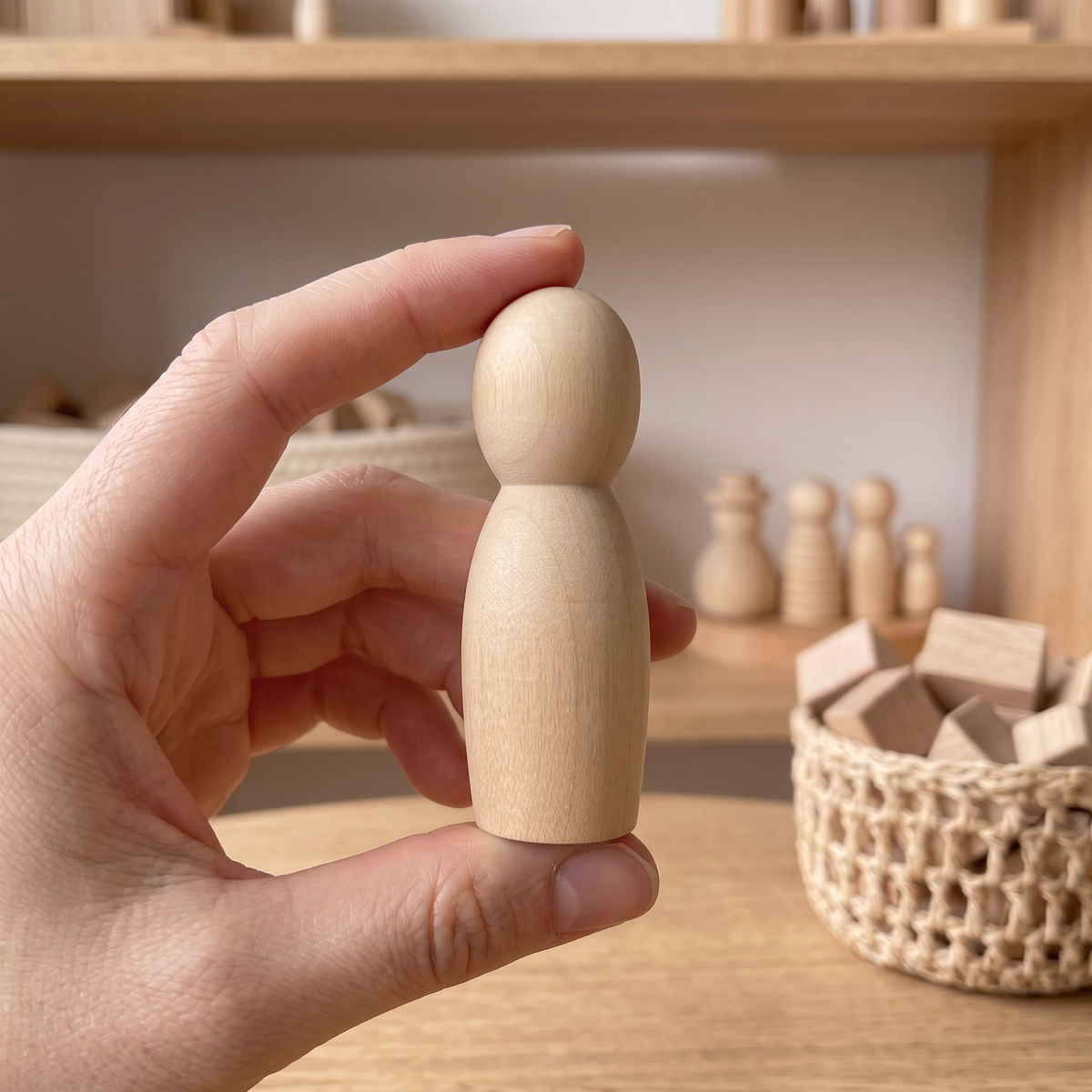 Close-up of an adult's hand holding one natural unfinished wood peg doll, other peg family figures softly out of focus on a shelf behind