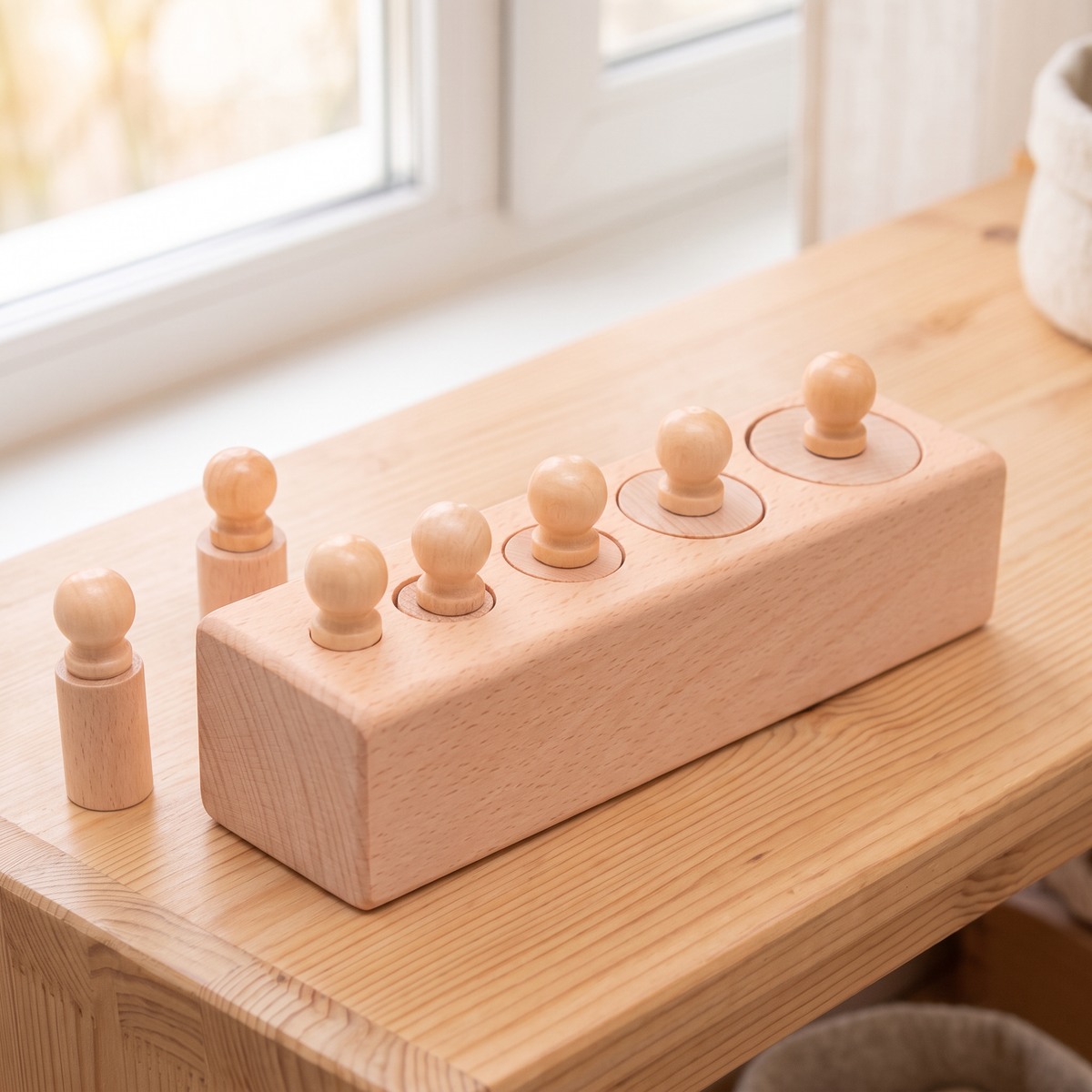 One natural beech knobbed cylinder block on a Montessori shelf seen from a low angle, all five cylinder holes and knobbed cylinders visible