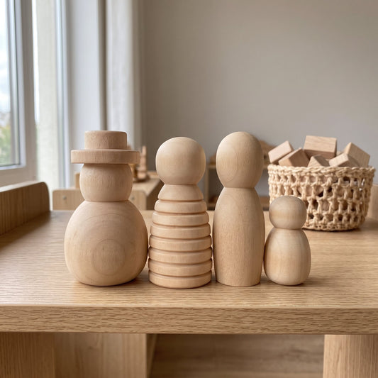 4-piece set of natural unfinished wood peg dolls on a Montessori shelf (4pcs)