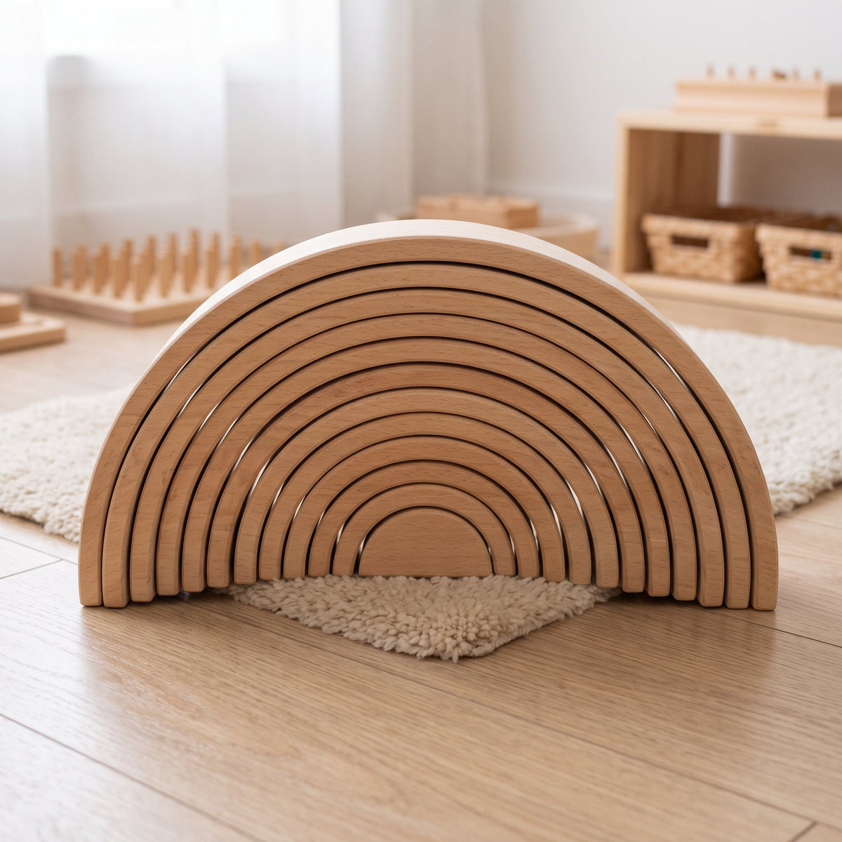 Natural unpainted 12-piece nested arch stacker in a Montessori playroom (unpaint 12 colorway)