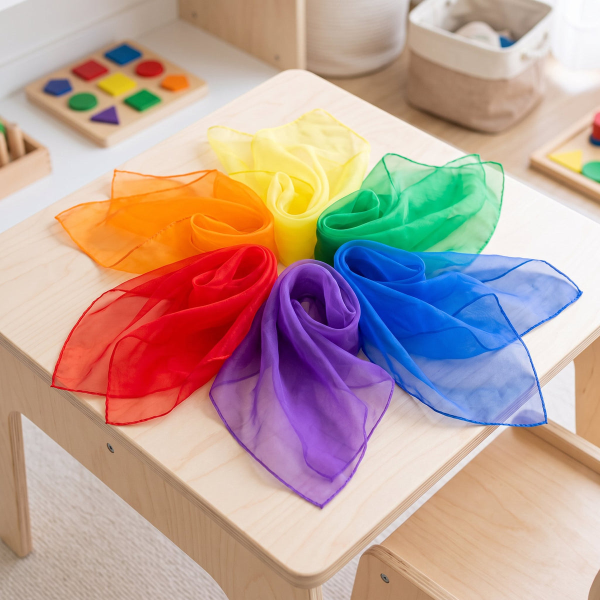 6-color 60cm play silk set fanned out on a Montessori play table
